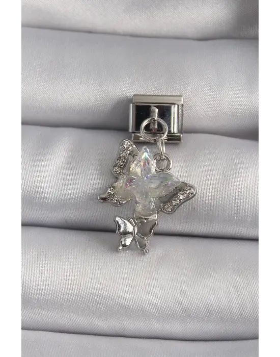 316L Çelik Gümüş Renk Sallantı Zirkon Taşlı Kelebek Model Nomination Charm