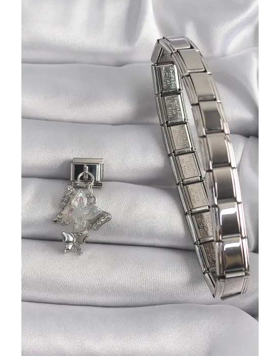 316L Çelik Gümüş Renk Sallantı Zirkon Taşlı Kelebek Model Nomination Charm