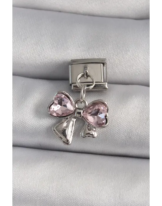 316L Çelik Gümüş Renk Sallantı Zirkon Taşlı Kurdele Model Nomination Charm