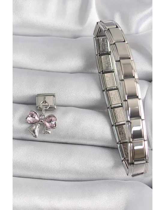 316L Çelik Gümüş Renk Sallantı Zirkon Taşlı Kurdele Model Nomination Charm