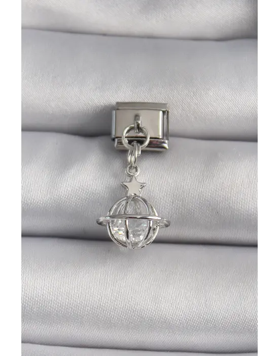 316L Çelik Gümüş Renk Sallantı Zirkon Taşlı Küre Model Yıldız Detay Nomination Charm
