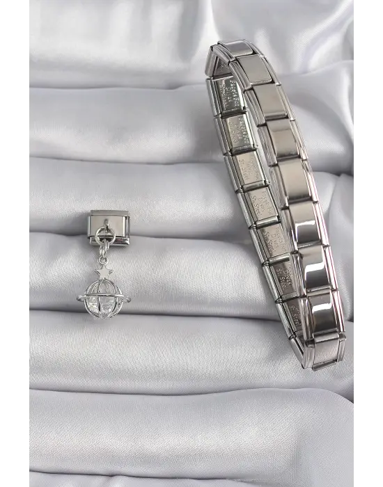 316L Çelik Gümüş Renk Sallantı Zirkon Taşlı Küre Model Yıldız Detay Nomination Charm