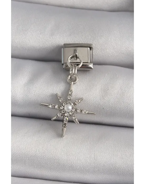 316L Çelik Gümüş Renk Sallantı Zirkon Taşlı Kutup Yıldız Model İnci Detay Nomination Charm