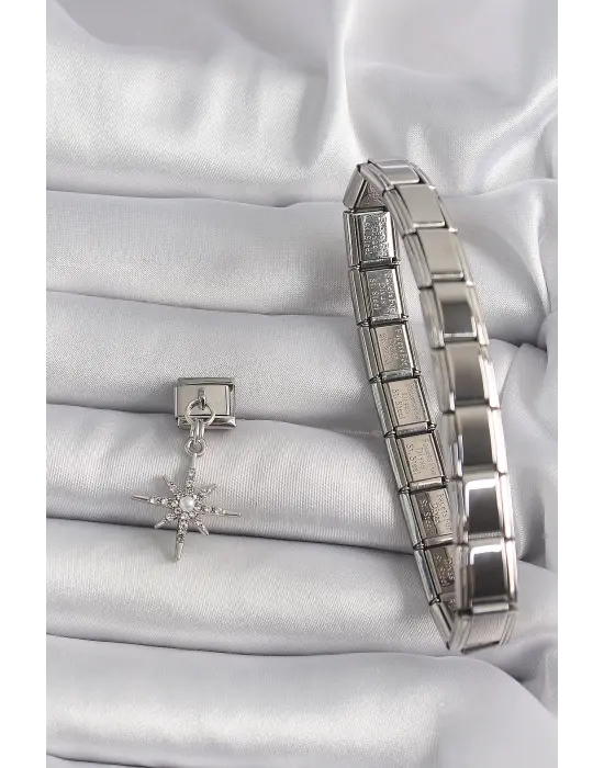 316L Çelik Gümüş Renk Sallantı Zirkon Taşlı Kutup Yıldız Model İnci Detay Nomination Charm