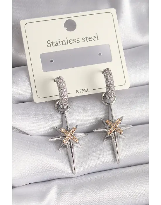   Gümüş Sallantı Zirkon Taşlı Kutup Yıldızı Model Çelik Küpe