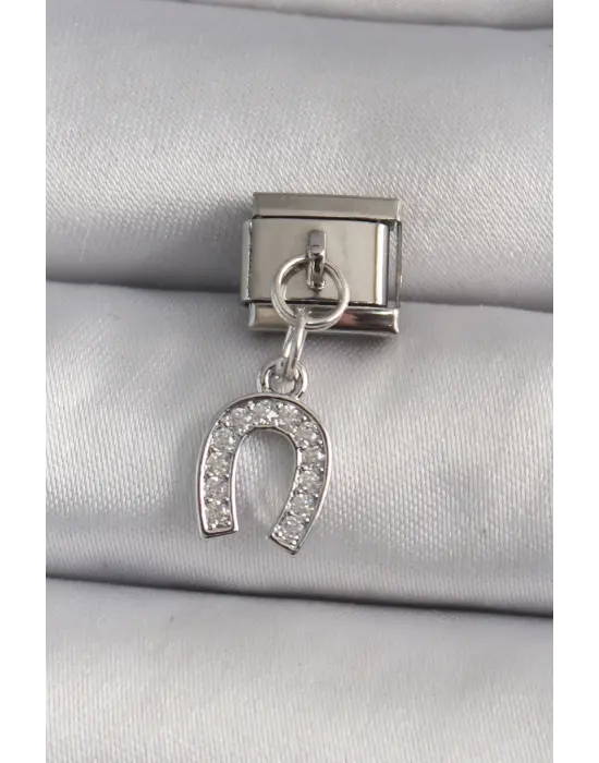 316L Çelik Gümüş Renk Sallantı Zirkon Taşlı Nal Model Nomination Charm
