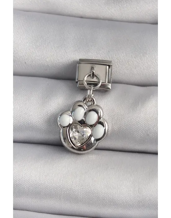 316L Çelik Gümüş Renk Sallantı Zirkon Taşlı Pati Model Nomination Charm