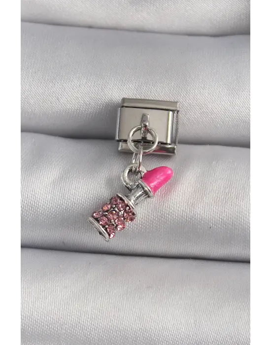 316L Çelik Gümüş Renk Sallantı Zirkon Taşlı Ruj Model Nomination Charm