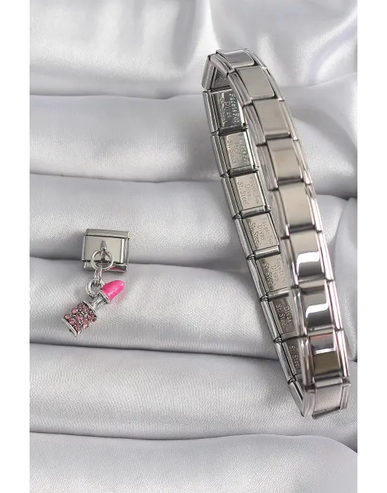 316L Çelik Gümüş Renk Sallantı Zirkon Taşlı Ruj Model Nomination Charm