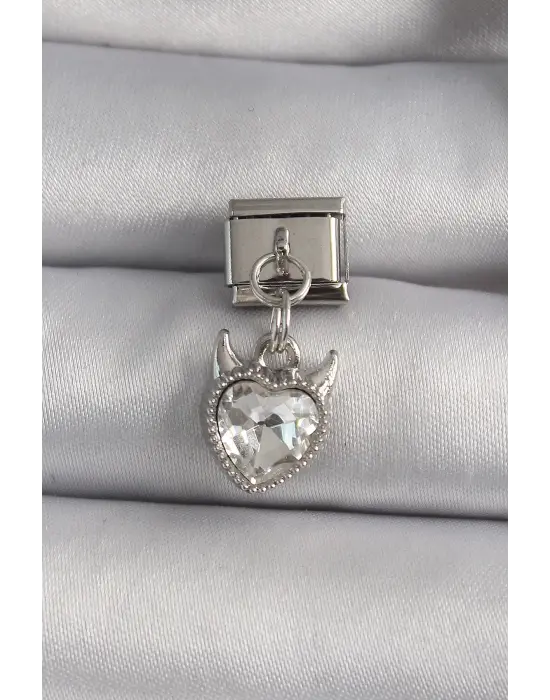 316L Çelik Gümüş Renk Sallantı Zirkon Taşlı Şeytani Kalp Model Nomination Charm