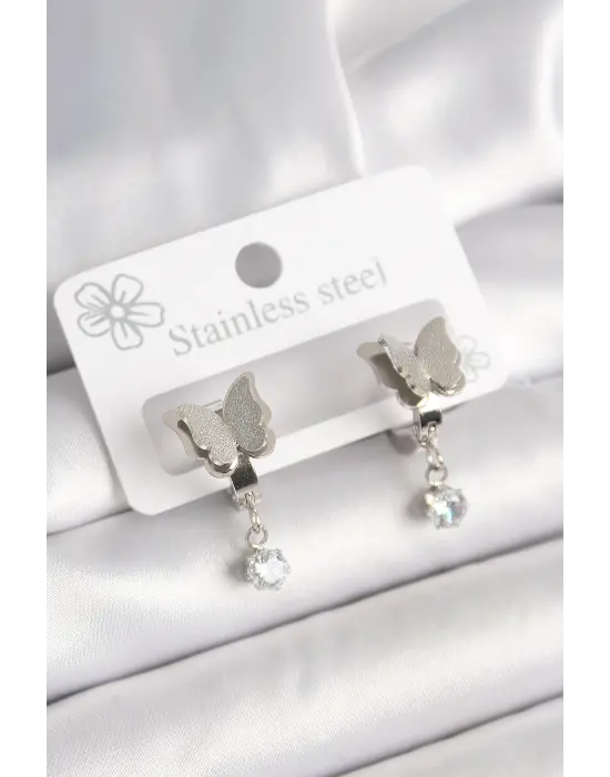 316L Çelik Gümüş Renk Sallantı Zirkon Taşlı Simli Kelebek Model Kadın Küpe