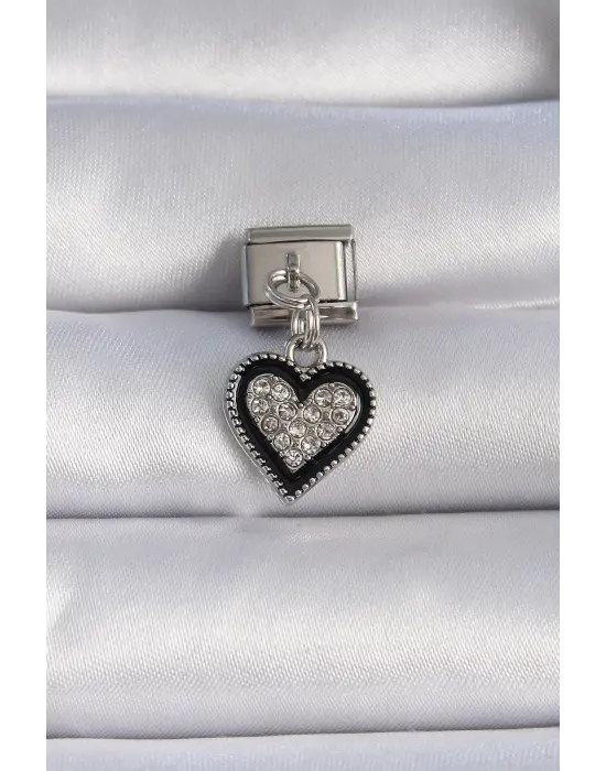 316L Çelik Gümüş Renk Sallantı Zirkon Taşlı Siyah Kalp Figür Nomination Charm