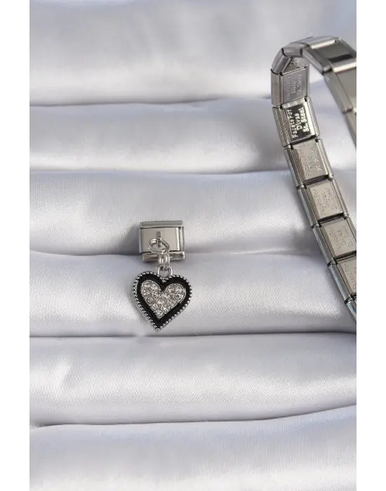 316L Çelik Gümüş Renk Sallantı Zirkon Taşlı Siyah Kalp Figür Nomination Charm