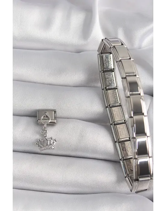 316L Çelik Gümüş Renk Sallantı Zirkon Taşlı Taç Model Nomination Charm