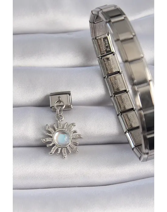 316L Çelik Gümüş Renk Sallantılı Beyaz Minelik Güneş Figür Nomination Charm