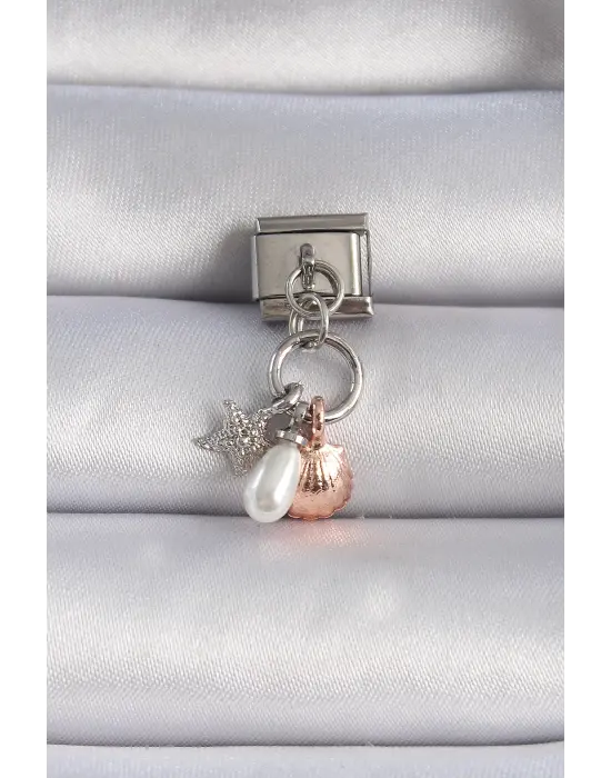 316L Çelik Gümüş Renk Sallantılı İncili Deniz Kabuğu Figür Nomination Charm