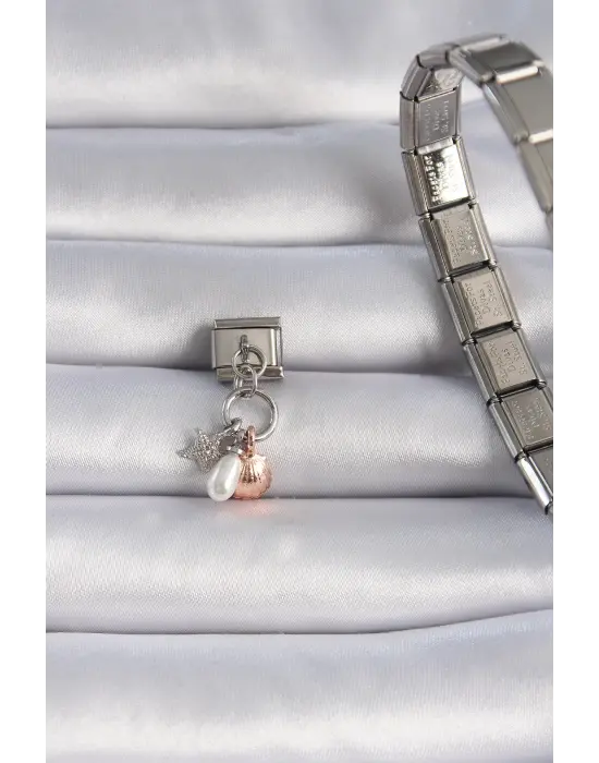 316L Çelik Gümüş Renk Sallantılı İncili Deniz Kabuğu Figür Nomination Charm