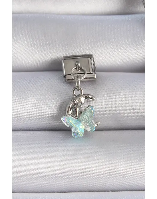 316L Çelik Gümüş Renk Sallantılı Mavi Kelebek Hilal Figür Nomination Charm