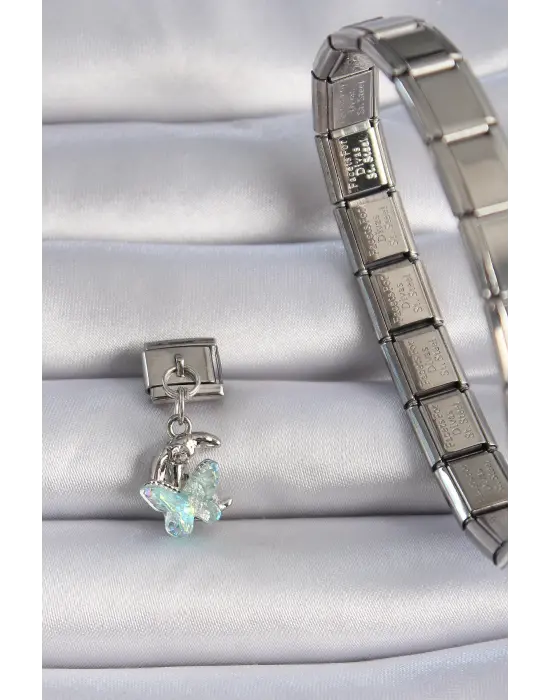 316L Çelik Gümüş Renk Sallantılı Mavi Kelebek Hilal Figür Nomination Charm