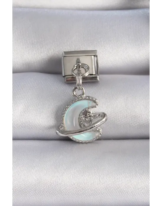 316L Çelik Gümüş Renk Sallantılı Mavi Mineli Hilal Figür Zirkon Taş Detaylı Nomination Charm