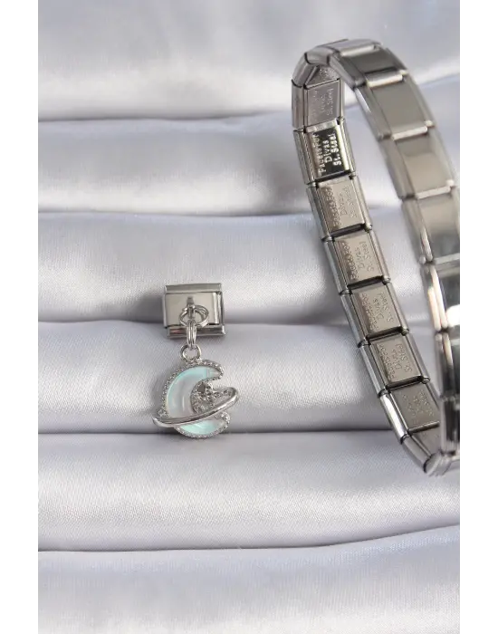 316L Çelik Gümüş Renk Sallantılı Mavi Mineli Hilal Figür Zirkon Taş Detaylı Nomination Charm