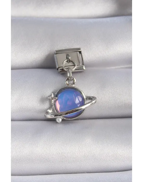 316L Çelik Gümüş Renk Sallantılı Mor Mineli Gezegen Figür Nomination Charm
