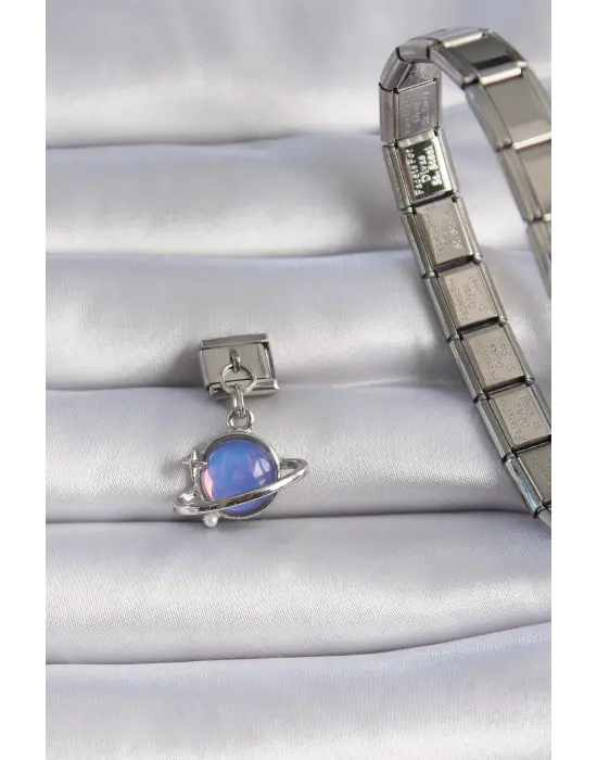 316L Çelik Gümüş Renk Sallantılı Mor Mineli Gezegen Figür Nomination Charm