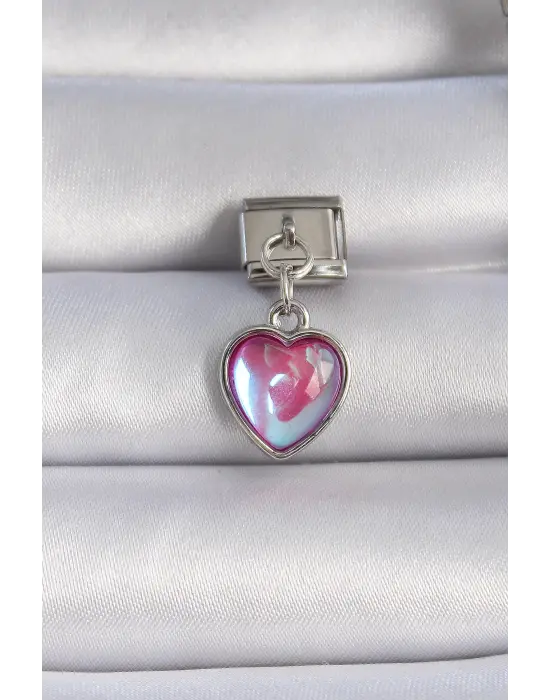316L Çelik Gümüş Renk Sallantılı Pembe Mineli Kalp Figür Nomination Charm