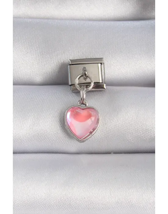 316L Çelik Gümüş Renk Sallantılı Pembe Mineli Kalp Figür Nomination Charm