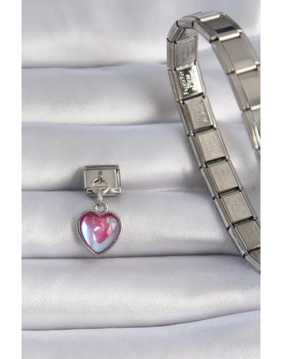 316L Çelik Gümüş Renk Sallantılı Pembe Mineli Kalp Figür Nomination Charm