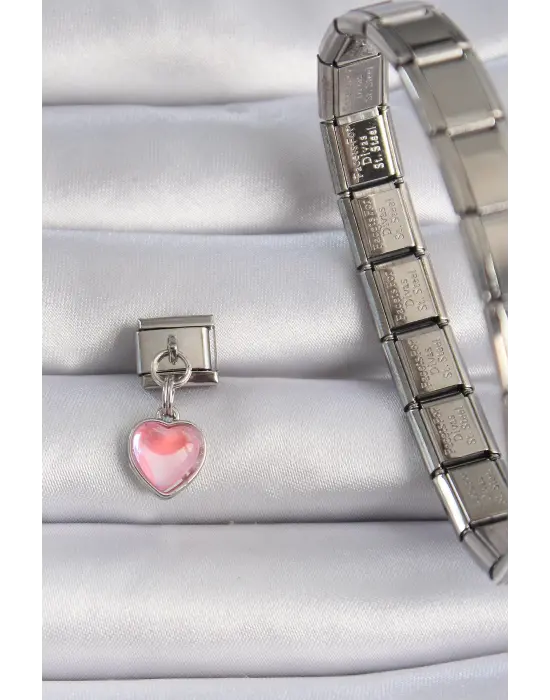 316L Çelik Gümüş Renk Sallantılı Pembe Mineli Kalp Figür Nomination Charm