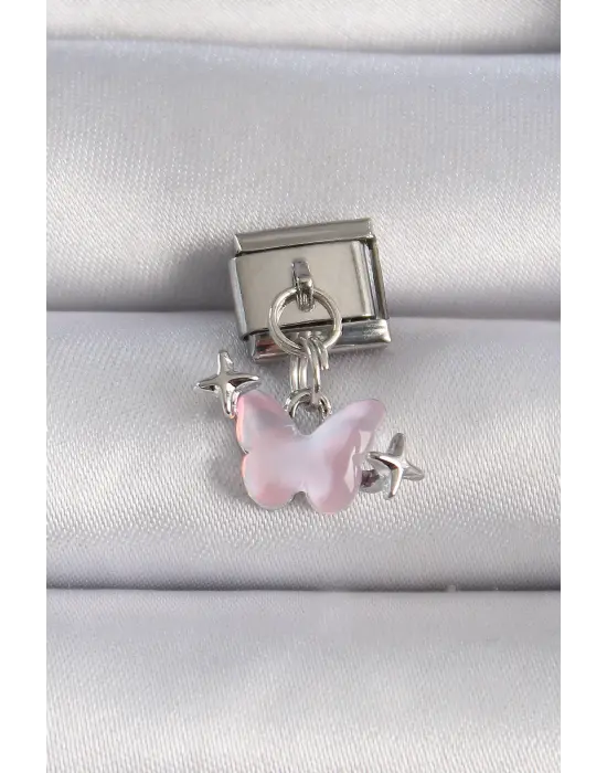 316L Çelik Gümüş Renk Sallantılı Pembe Mineli Yıldız Detaylı Nomination Charm