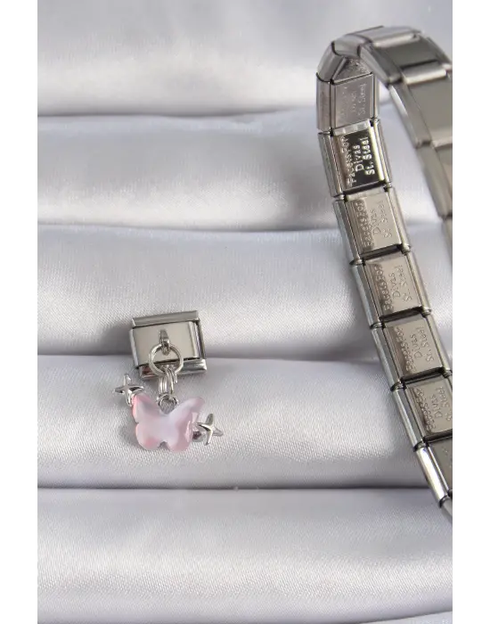 316L Çelik Gümüş Renk Sallantılı Pembe Mineli Yıldız Detaylı Nomination Charm