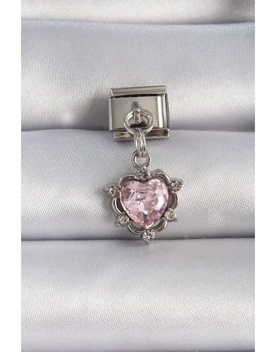 316L Çelik Gümüş Renk Sallantılı Pembe Zirkon Taşlı Kalp Nomination Charm
