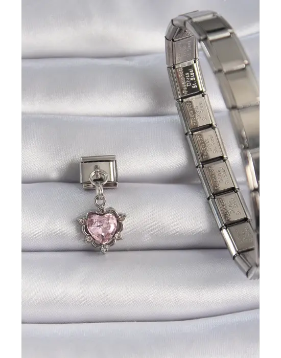 316L Çelik Gümüş Renk Sallantılı Pembe Zirkon Taşlı Kalp Nomination Charm