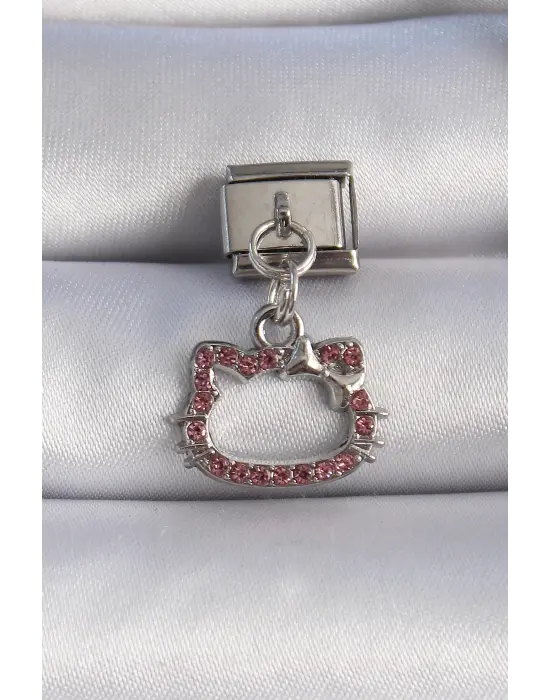 316L Çelik Gümüş Renk Sallantılı Pembe Zirkon Taşlı Kedi Figür Nomination Charm
