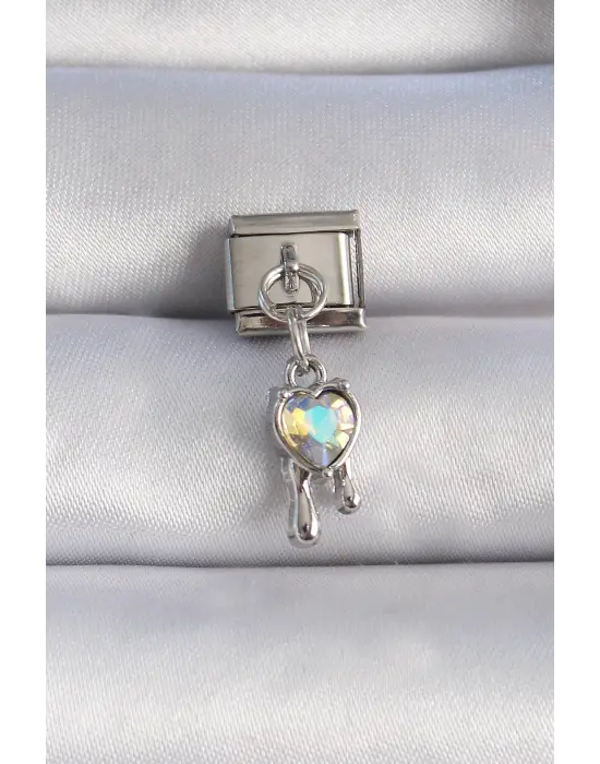 316L Çelik Gümüş Renk Sallantılı Zirkon Taş Kalp Figür Nomination Charm