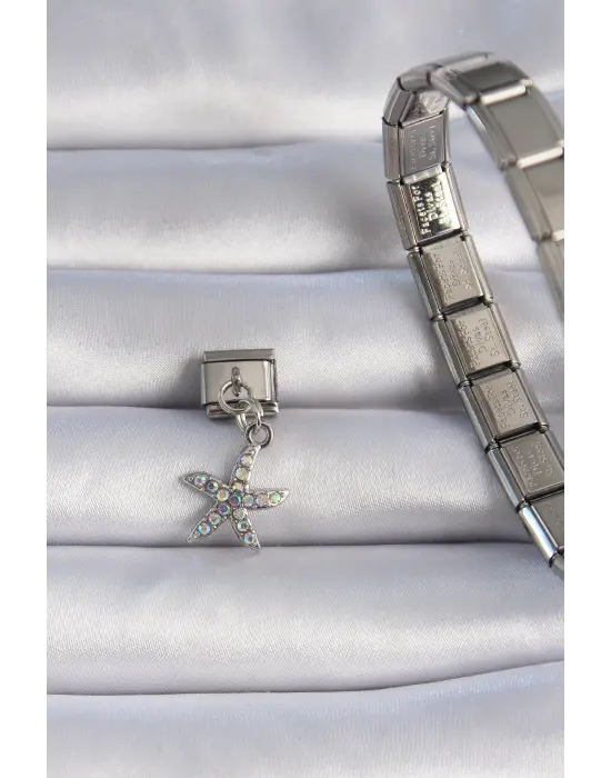 316L Çelik Gümüş Renk Sallantılı Zirkon Taşlı Deniz Yıldızı Figür Nomination Charm