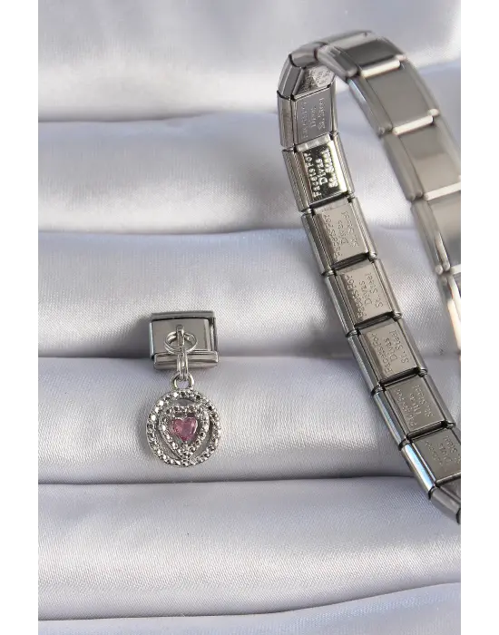 316L Çelik Gümüş Renk Sallantılı Zirkon Taşlı Kalp Figür Nomination Charm