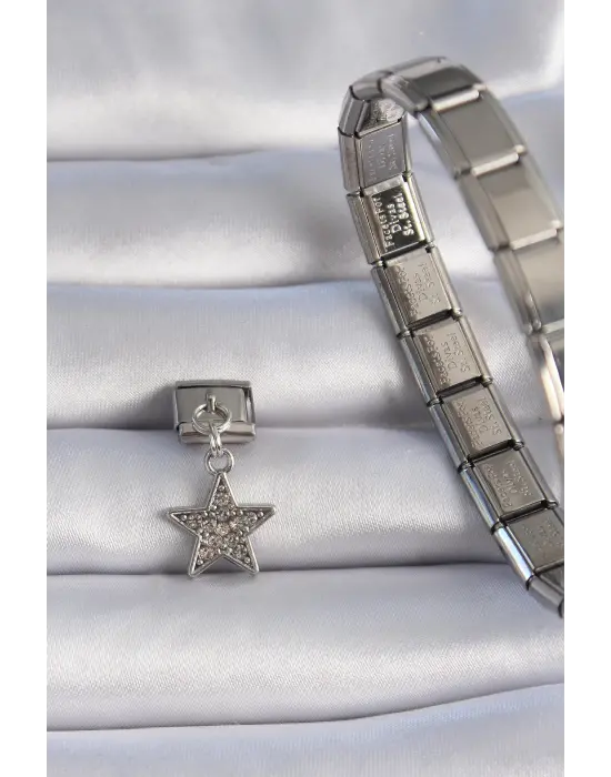 316L Çelik Gümüş renk Sallantılı Zirkon Taşlı Yıldız Figür Nomination Charm
