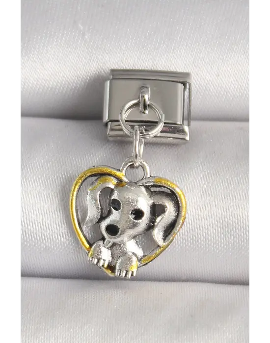 316L Çelik Gümüş Renk Sarı Kalp Köpek Model Nomination Charm