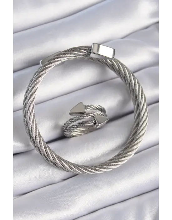 316L Çelik Gümüş Renk Sarmal Model Erkek Bileklik Yüzük Kombini