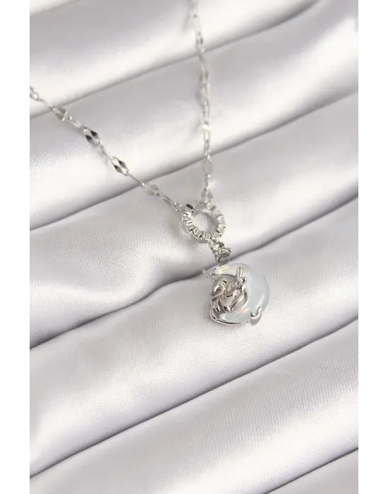 Gümüş Sedefli Ay Figür Kelebek Model Çelik Kolye