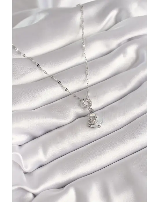 Gümüş Sedefli Ay Figür Kelebek Model Çelik Kolye