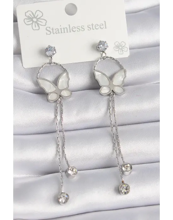   Gümüş Sedefli Kelebek Model Sallantı Zirkon Taşlı Çelik Küpe