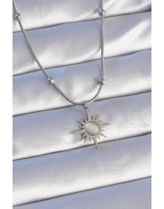  Gümüş  Sedefli Yıldız Model Çelik Kolye