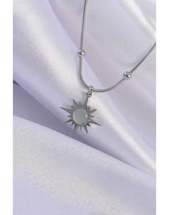  Gümüş  Sedefli Yıldız Model Çelik Kolye