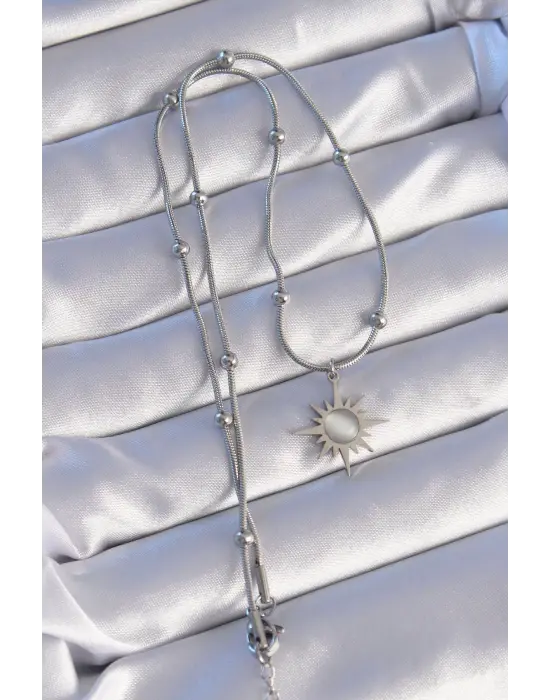  Gümüş  Sedefli Yıldız Model Çelik Kolye