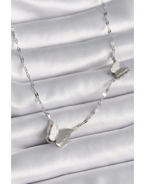  Gümüş  Simli Kelebek Model  Çelik Kolye