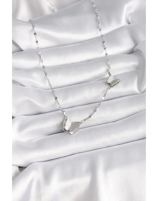  Gümüş  Simli Kelebek Model  Çelik Kolye